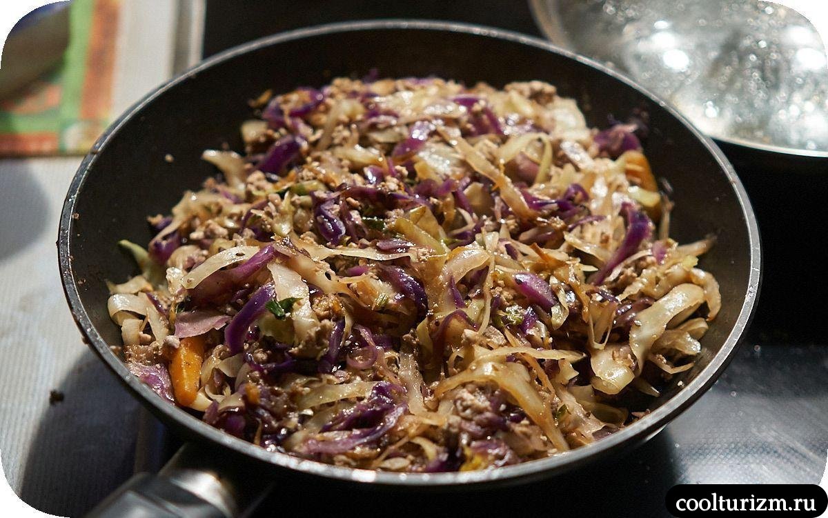 Тушеная красная и белокочанная капуста с фаршем и яйцом как готовить