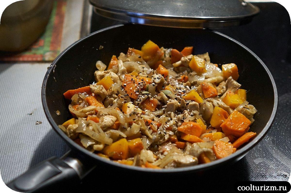 вок овощи вешенки мясо