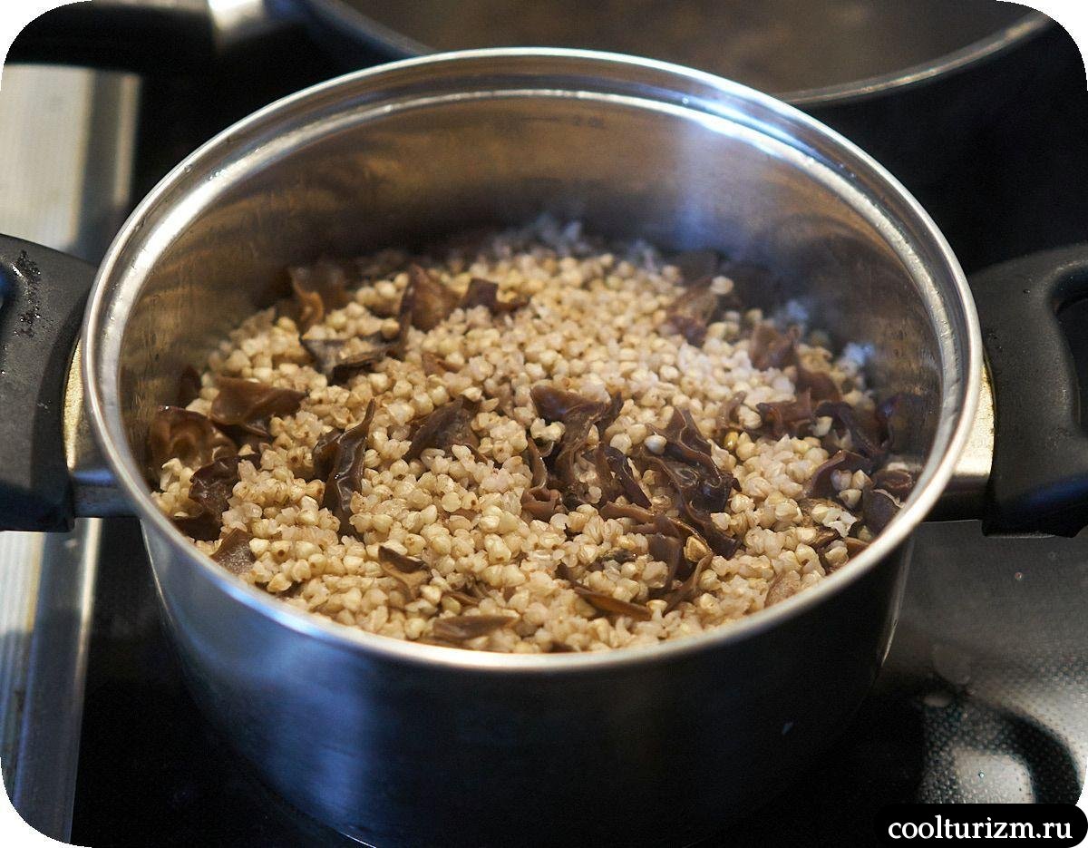 Окорочок куриный с яблоками и зеленой гречкой на сковороде